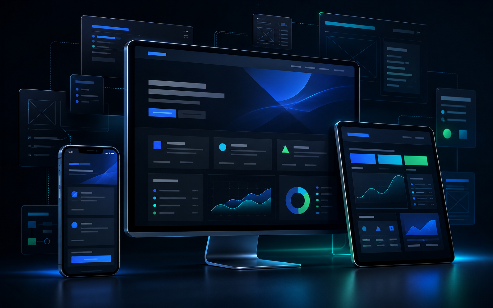 Experiência digital responsiva apresentada em computador, tablet e smartphone