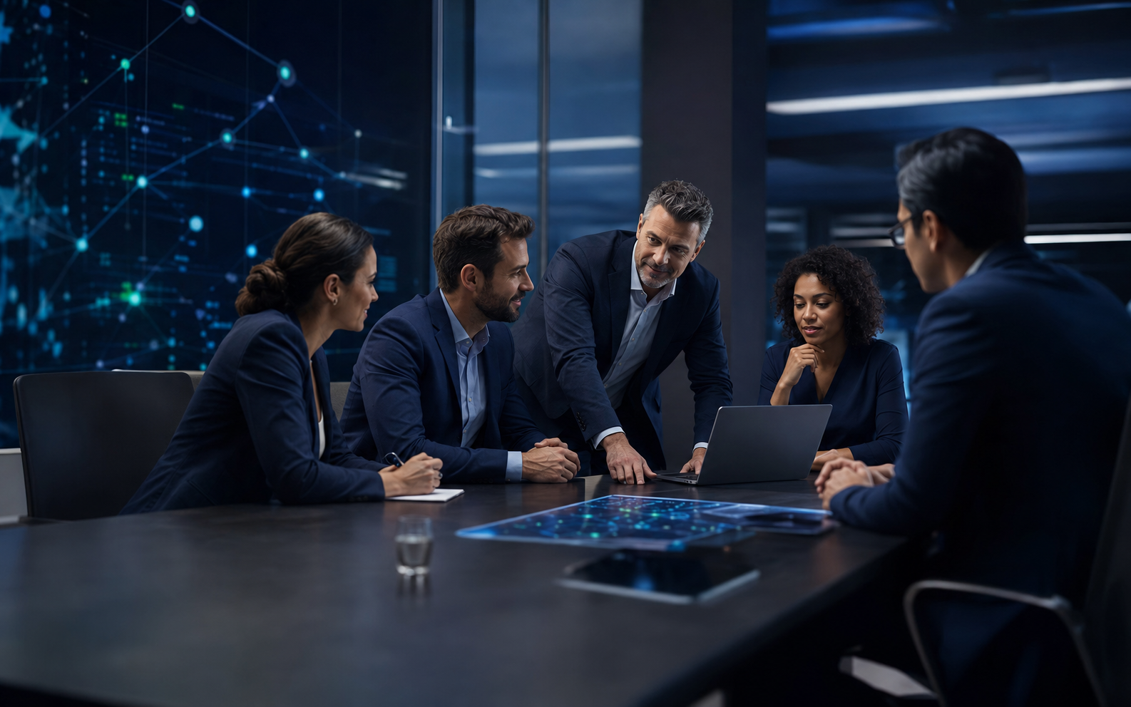 Parceria empresarial, inovação e tecnologia conectadas em um ambiente corporativo